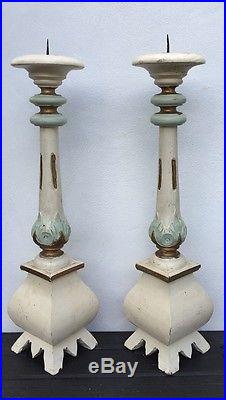 Large Vintage 24Tall Carved Wooden Altar Style Shabby Chic Pair Of Candlesticks