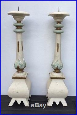 Large Vintage 24Tall Carved Wooden Altar Style Shabby Chic Pair Of Candlesticks