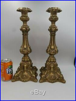 Large Vintage Baroque Style Ornate Brass Candlesticks