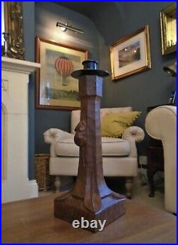 Large Vintage Robert Mouseman Thompson Hand Carved Candlestick. Signature Mouse
