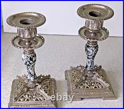 Lovely Pair Antique / Vintage -silver Plated Ceramic Candlesticks -7 1/4 Inch