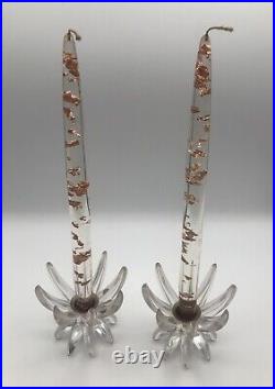 MCM Lucite Clear Candlesticks Friedel Ges Gesch Germany & Acrylic Candles Pair