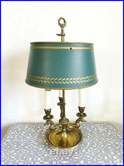 MID CENTURY VINTAGE FRENCH BOUILLOTTE BRASS CANDLESTICK LAMP withSHADE BRIDGERTON