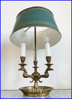 MID CENTURY VINTAGE FRENCH BOUILLOTTE BRASS CANDLESTICK LAMP withSHADE BRIDGERTON