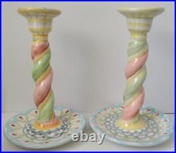 Mackenzie Childs Pair of Twisted Courtly Candle Stick Holder Pastel Stoneware