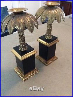 Maitland Smith Candlesticks Black Tessellated Stone Brass Palm Tree VINTAGE