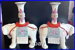 Maitland Smith Elephant Candlestick Holders Enamel Porcelain Vintage Pair