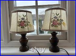 Matching Pair Vintage Candlestick Bedside Lamps Handpainted Shades