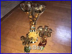 Mckenzie Childs CIRCUS VTG Glass Courtly Check Candle Stick Holders Pair Set 2