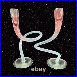 Michael Hudson Art Glass Candle Twisted Glass Candlesticks Set Pink Blown Vtg