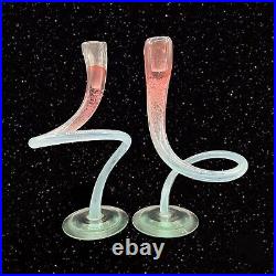 Michael Hudson Art Glass Candle Twisted Glass Candlesticks Set Pink Blown Vtg