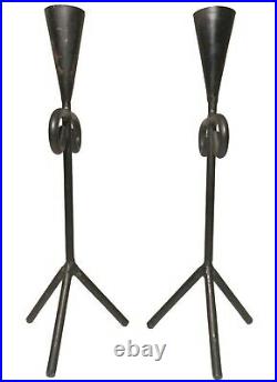 Mid-20th C American Vint Modernist Pr 3 Leg Iron Sheet/rod Blk Pntd Candlesticks
