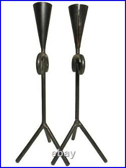 Mid-20th C American Vint Modernist Pr 3 Leg Iron Sheet/rod Blk Pntd Candlesticks