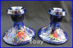 Moorcroft Anemone Blue Art Pottery Pair (2) of Candle Sticks Holders Signed 3.5