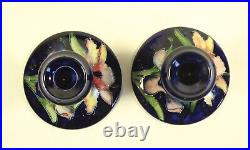 Moorcroft Pottery Cobalt Blue Pair of Candle Holders Orchids 3.1/4 England