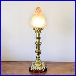 ORIGINAL 1940s ART DECO CANDLESTICK LAMP Wood Brass Glass Flame Shade Antique
