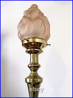 ORIGINAL 1940s ART DECO CANDLESTICK LAMP Wood Brass Glass Flame Shade Antique