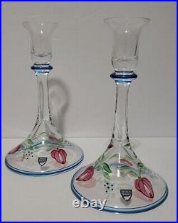 Orrefors Sweden Maja Candlestick Candle Holders Hand Painted 7 1/2 Tall Pair