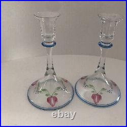Orrefors Sweden Maja Signed Pair of Candlestick Candle Holders Rare Hand Painted