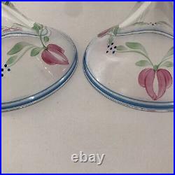 Orrefors Sweden Maja Signed Pair of Candlestick Candle Holders Rare Hand Painted