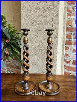 PAIR Antique English Oak OPEN Barley Twist Candlesticks Candle Holder Brass