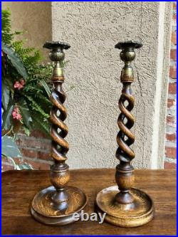 PAIR Antique English Oak OPEN Barley Twist Candlesticks Candle Holder Brass