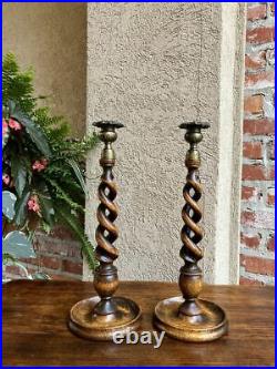 PAIR Antique English Oak OPEN Barley Twist Candlesticks Candle Holder Brass