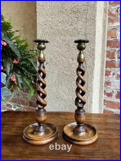 PAIR Antique English Oak OPEN Barley Twist Candlesticks Candle Holder Brass