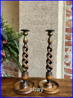 PAIR Antique English Oak OPEN Barley Twist Candlesticks Candle Holder Brass