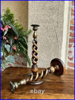 PAIR Antique English Oak OPEN Barley Twist Candlesticks Candle Holder Brass