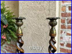 PAIR Antique English Oak OPEN Barley Twist Candlesticks Candle Holder Brass