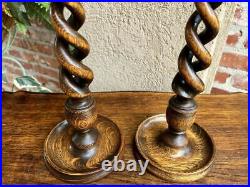 PAIR Antique English Oak OPEN Barley Twist Candlesticks Candle Holder Brass