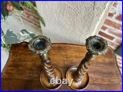 PAIR Antique English Oak OPEN Barley Twist Candlesticks Candle Holder Brass