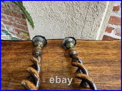 PAIR Antique English Oak OPEN Barley Twist Candlesticks Candle Holder Brass