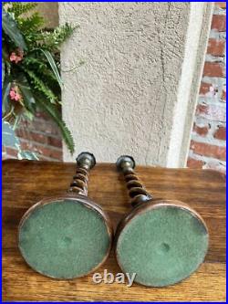 PAIR Antique English Oak OPEN Barley Twist Candlesticks Candle Holder Brass