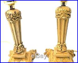 PAIR Metal Antique Vintage Table Lamps Lion Head Feet Candlestick Rewired