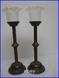 PAIR OF ANTIQUE BRASS 16 1/2 CANDLESTICKS with WHITE OPALESCENT RUFFLE SHADES
