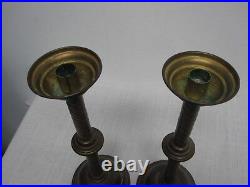 PAIR OF ANTIQUE BRASS 16 1/2 CANDLESTICKS with WHITE OPALESCENT RUFFLE SHADES