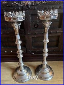 PAIR OF TALL METAL ANTIQUE VINTAGE CHURCH ALTER CANDLE STICKS Height 70cm