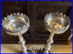 PAIR OF TALL METAL ANTIQUE VINTAGE CHURCH ALTER CANDLE STICKS Height 70cm