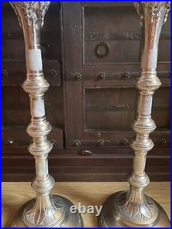 PAIR OF TALL METAL ANTIQUE VINTAGE CHURCH ALTER CANDLE STICKS Height 70cm