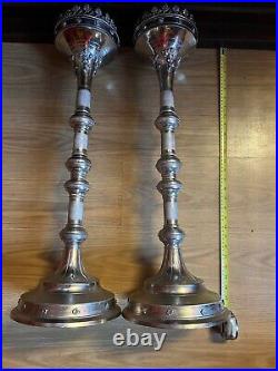 PAIR OF TALL METAL ANTIQUE VINTAGE CHURCH ALTER CANDLE STICKS Height 70cm