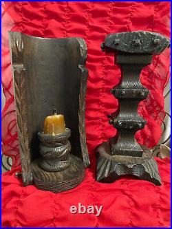 PAIR VINTAGE 1970s SPANISH GOTHIC CARVED WOOD MEDIEVAL CANDLE HOLDERS 10 TALL