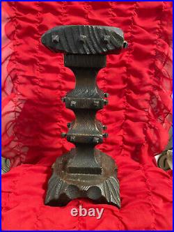 PAIR VINTAGE 1970s SPANISH GOTHIC CARVED WOOD MEDIEVAL CANDLE HOLDERS 10 TALL