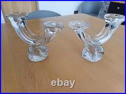 PAIR VINTAGE SIGNED'DAUM FRANCE' 18.5cm TALL CRYSTAL GLASS DOUBLE CANDLESTICKS