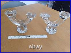 PAIR VINTAGE SIGNED'DAUM FRANCE' 18.5cm TALL CRYSTAL GLASS DOUBLE CANDLESTICKS