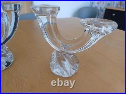 PAIR VINTAGE SIGNED'DAUM FRANCE' 18.5cm TALL CRYSTAL GLASS DOUBLE CANDLESTICKS