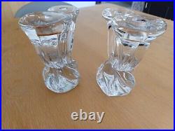 PAIR VINTAGE SIGNED'DAUM FRANCE' 18.5cm TALL CRYSTAL GLASS DOUBLE CANDLESTICKS