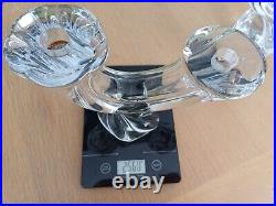 PAIR VINTAGE SIGNED'DAUM FRANCE' 18.5cm TALL CRYSTAL GLASS DOUBLE CANDLESTICKS