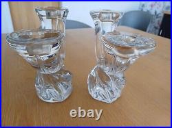 PAIR VINTAGE SIGNED'DAUM FRANCE' 18.5cm TALL CRYSTAL GLASS DOUBLE CANDLESTICKS